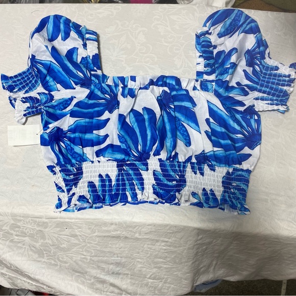 New Nordstrom Square Neck Puff Sleeve Crop Top Hawaiian Island Tropical Blouse - Picture 5 of 10